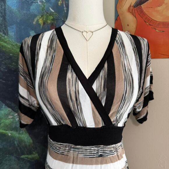 retro striped stretchy surplice v neck blouse neutral y2k top - Picture 3 of 7